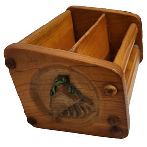 VTG 1994 Handmade Oak Wood Desktop Remote Organizer Frog Lilypad Embellished